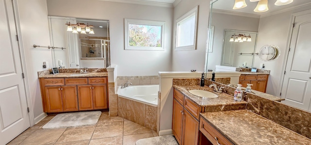 bathroom with tile patterned flooring, shower with separate bathtub, vanity, and ornamental molding