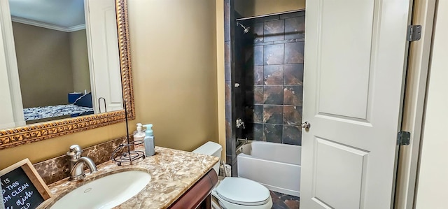 full bathroom featuring vanity, toilet, ornamental molding, and bathing tub / shower combination