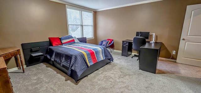 bedroom with crown molding and light carpet