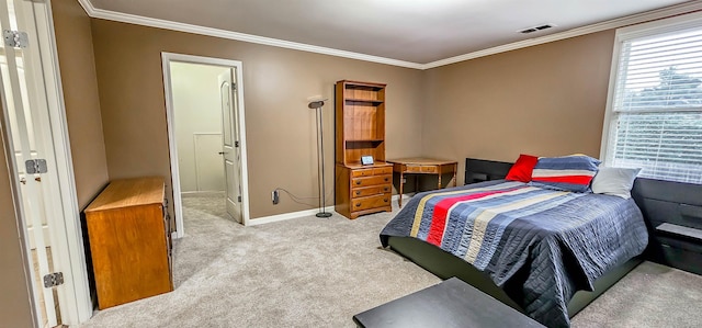 bedroom featuring light carpet and ornamental molding