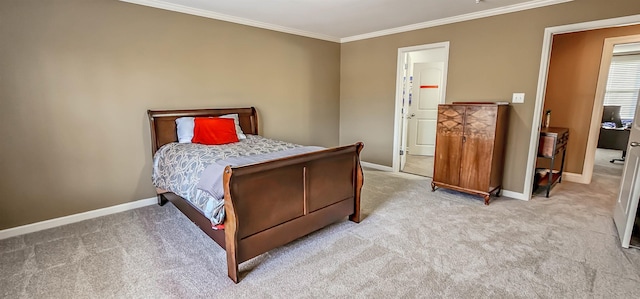 carpeted bedroom featuring crown molding