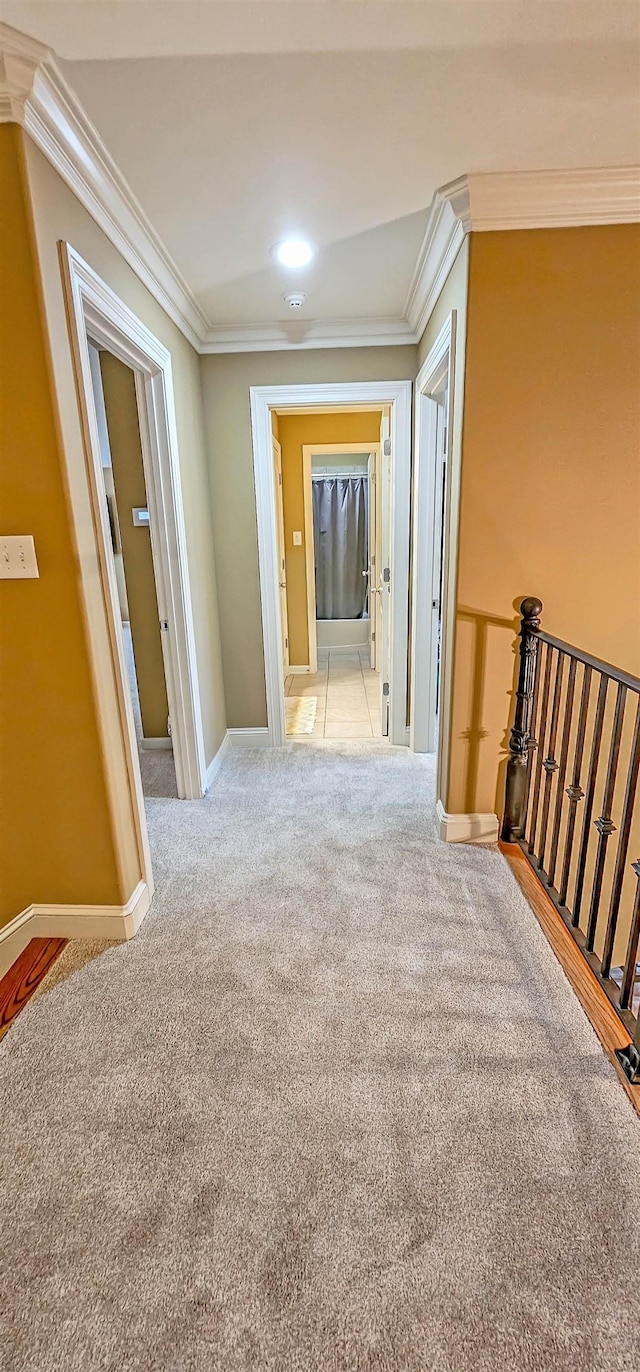 corridor featuring light colored carpet and ornamental molding