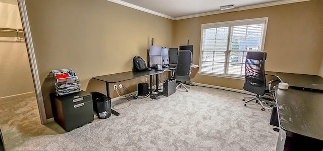 office featuring crown molding and light colored carpet