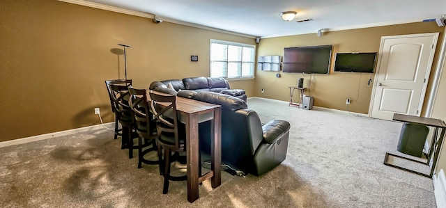 carpeted living room featuring ornamental molding