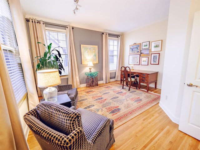 office featuring wood-type flooring, crown molding, a wealth of natural light, and track lighting