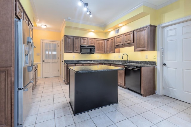 kitchen with sink, a center island, light tile patterned floors, black appliances, and crown molding