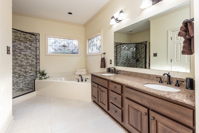 bathroom featuring crown molding, vanity, plus walk in shower, and tile patterned flooring