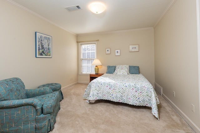 carpeted bedroom featuring crown molding