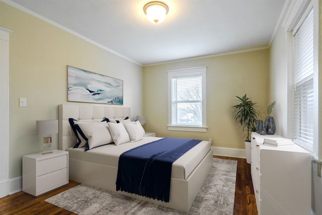 bedroom featuring dark hardwood / wood-style flooring and ornamental molding