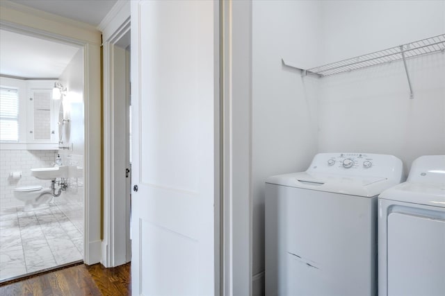 washroom featuring washer and dryer, dark hardwood / wood-style flooring, and sink