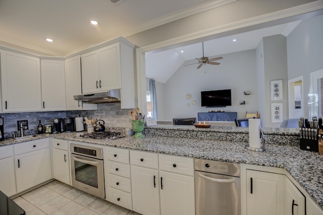 kitchen with decorative backsplash, appliances with stainless steel finishes, light stone countertops, vaulted ceiling, and ceiling fan