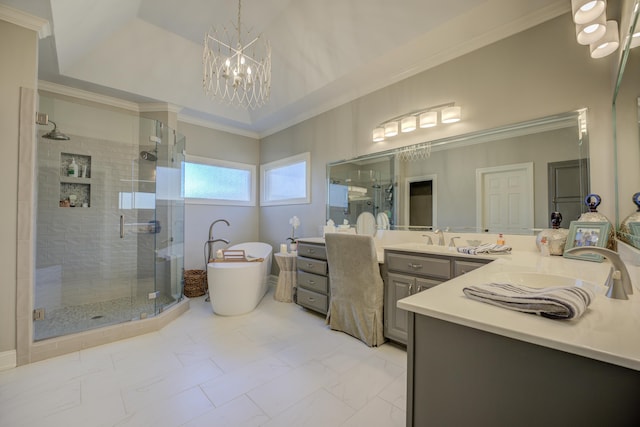 bathroom with vanity, ornamental molding, independent shower and bath, and a chandelier