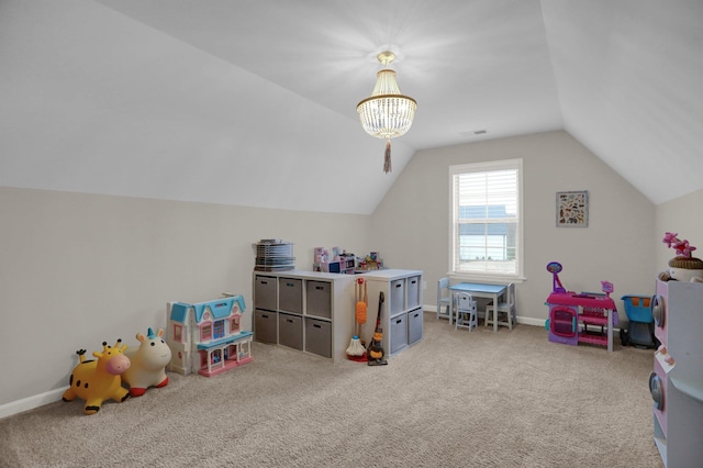 rec room featuring light colored carpet, vaulted ceiling, and an inviting chandelier