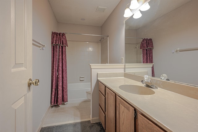 full bathroom with vanity, toilet, and shower / bath combo with shower curtain