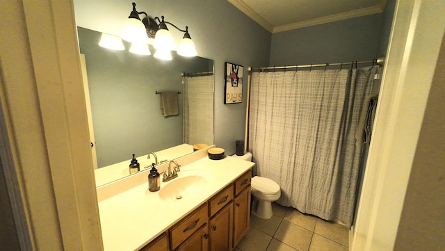 bathroom with vanity, ornamental molding, a shower with curtain, tile patterned floors, and toilet