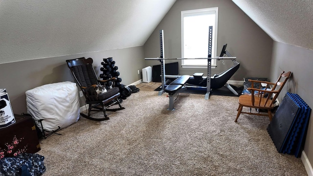 workout room with vaulted ceiling, carpet, and a textured ceiling