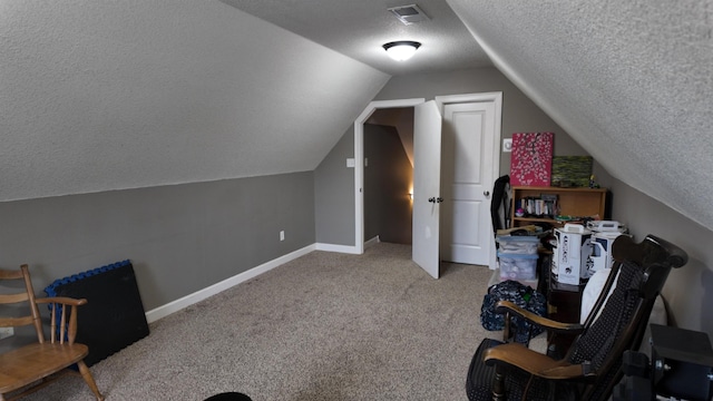 interior space with carpet, lofted ceiling, and a textured ceiling