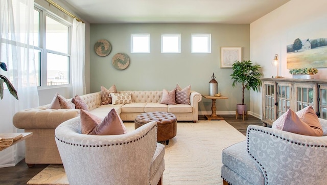 living area featuring baseboards, a wealth of natural light, and wood finished floors