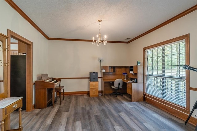 office featuring crown molding, dark hardwood / wood-style flooring, a textured ceiling, and a notable chandelier