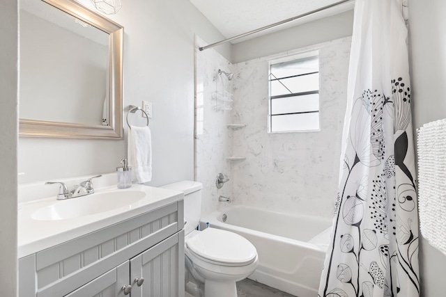 full bathroom with vanity, shower / bath combination with curtain, and toilet