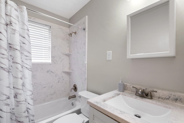 full bathroom with vanity, shower / bathtub combination with curtain, and toilet