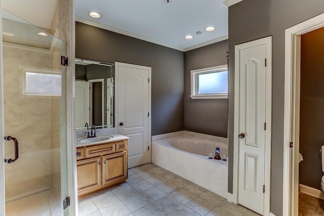 full bathroom featuring plus walk in shower, toilet, tile patterned floors, and vanity