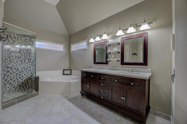 bathroom featuring separate shower and tub, tile patterned flooring, vanity, and vaulted ceiling