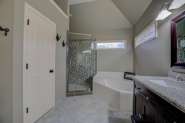 bathroom with separate shower and tub, tile patterned flooring, vanity, and lofted ceiling