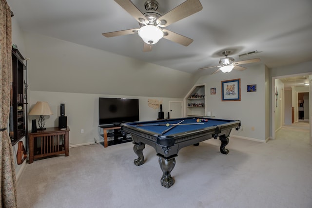 game room with ceiling fan, light carpet, lofted ceiling, and billiards