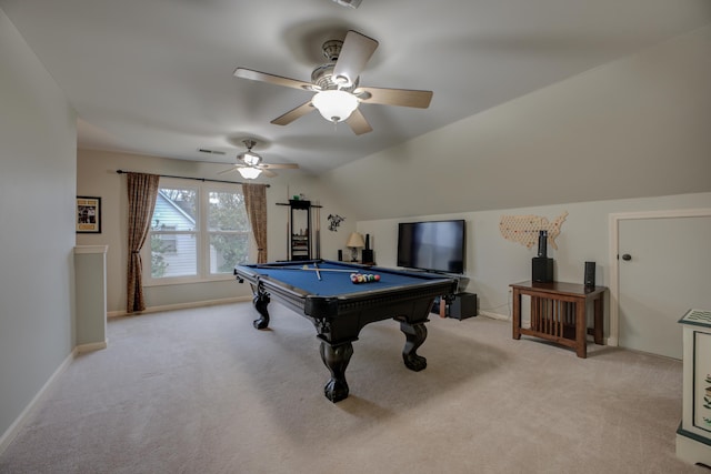 playroom with ceiling fan, light colored carpet, pool table, and vaulted ceiling