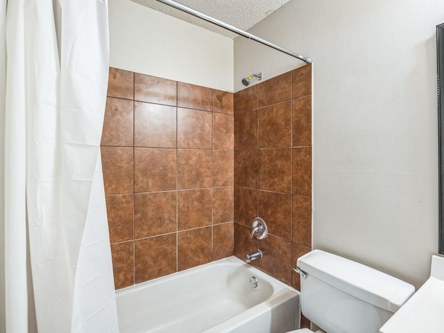 bathroom with shower / tub combo with curtain, a textured ceiling, and toilet