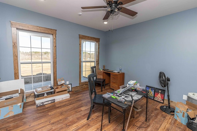 office area featuring ceiling fan, plenty of natural light, and hardwood / wood-style flooring