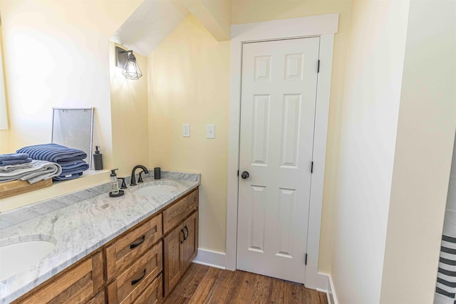 bathroom featuring hardwood / wood-style floors and vanity