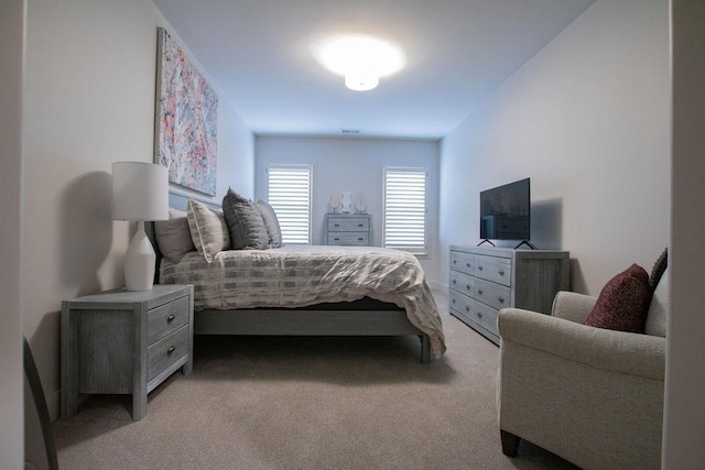 bedroom with light carpet