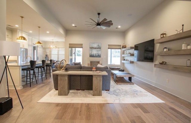 living room with light hardwood / wood-style flooring and ceiling fan