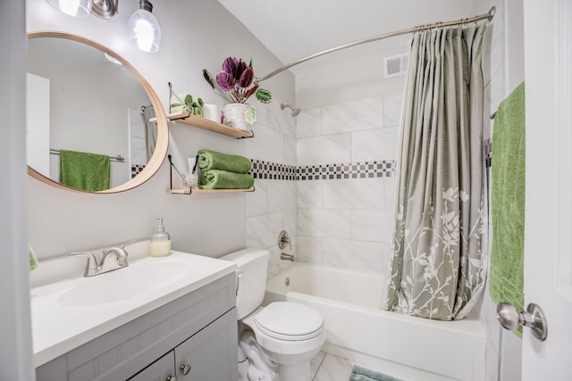 full bathroom featuring shower / bath combination with curtain, vanity, and toilet