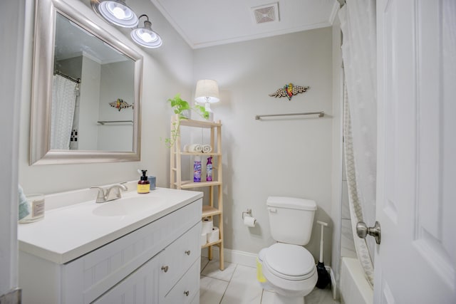 bathroom with crown molding, tile patterned flooring, vanity, and toilet