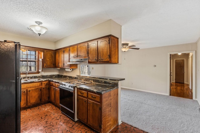 kitchen with dark carpet, black fridge, gas stove, ceiling fan, and sink