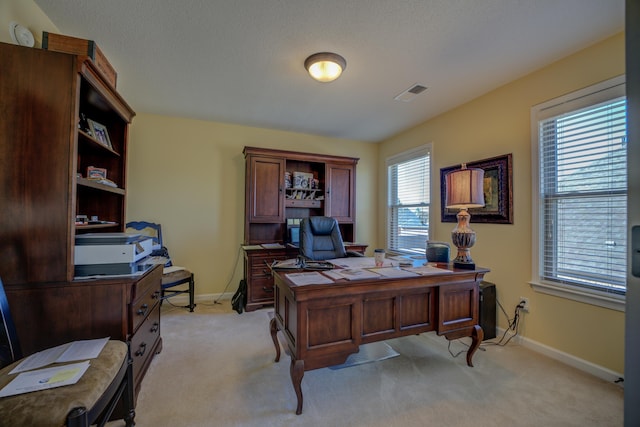 home office featuring light colored carpet