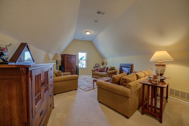 living room featuring light carpet and vaulted ceiling