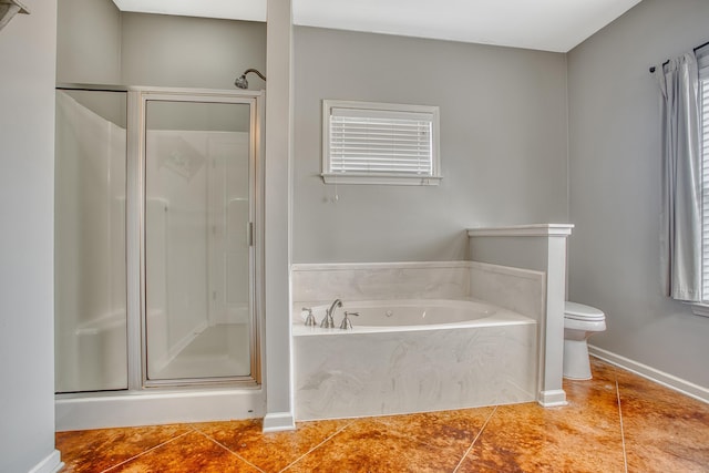 bathroom featuring independent shower and bath, tile patterned flooring, and toilet