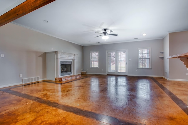 unfurnished living room with concrete floors, ornamental molding, and ceiling fan