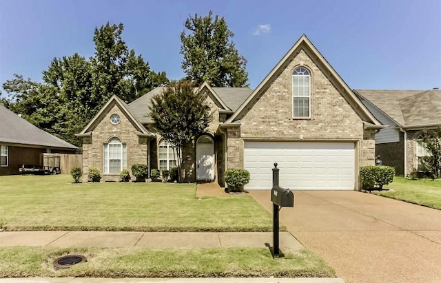 view of front of house with a front yard and a garage