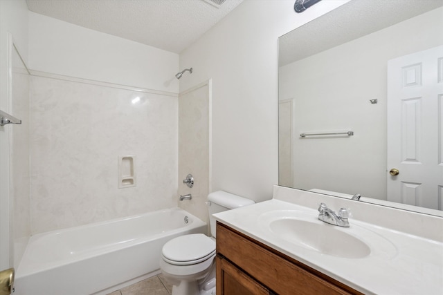 full bathroom featuring vanity, tile patterned flooring, toilet, a textured ceiling, and shower / bath combination