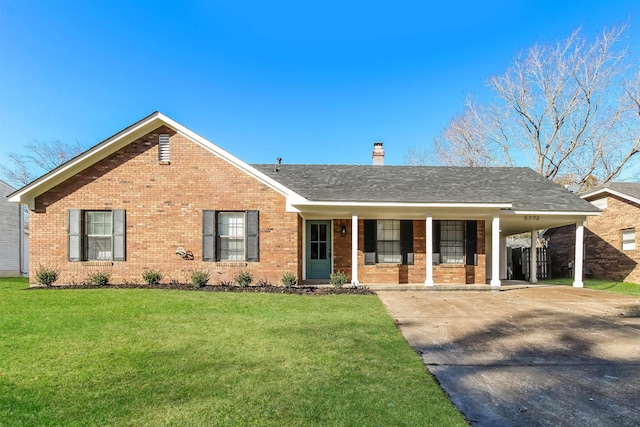 ranch-style house with a carport, a porch, and a front yard