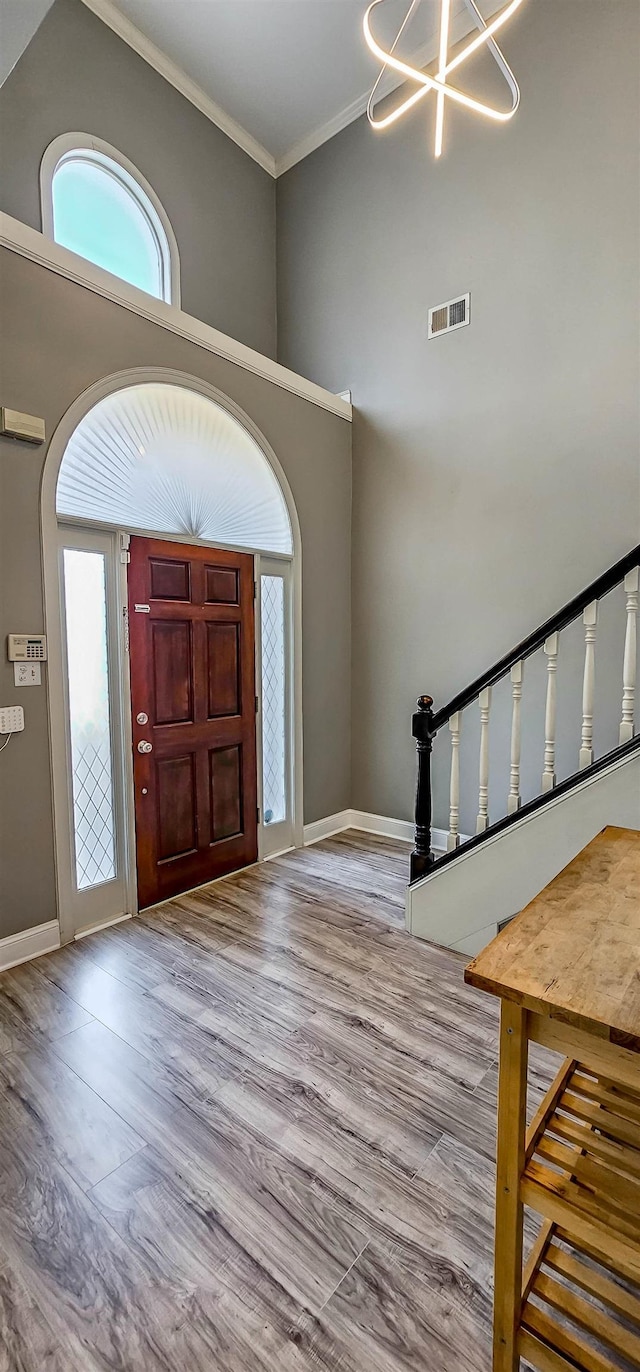 foyer with a towering ceiling, wood-type flooring, and ornamental molding