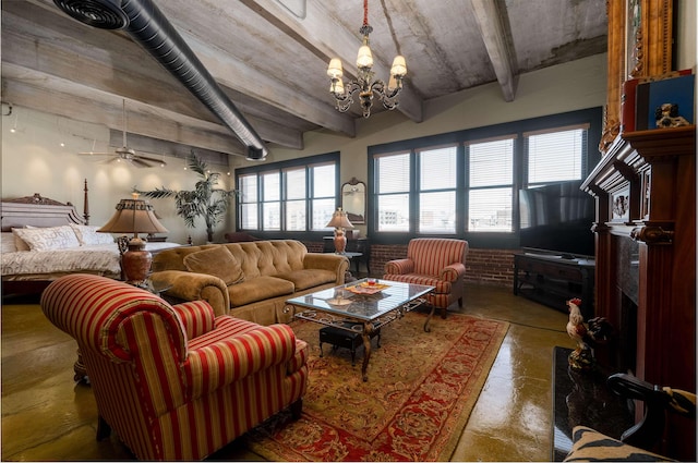 living room with ceiling fan with notable chandelier and concrete floors