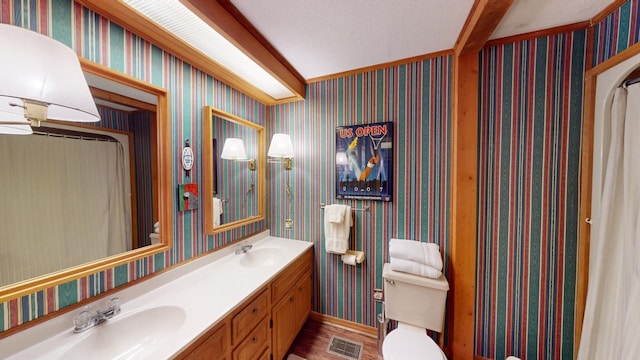 bathroom featuring vanity, a textured ceiling, ceiling fan, hardwood / wood-style floors, and toilet