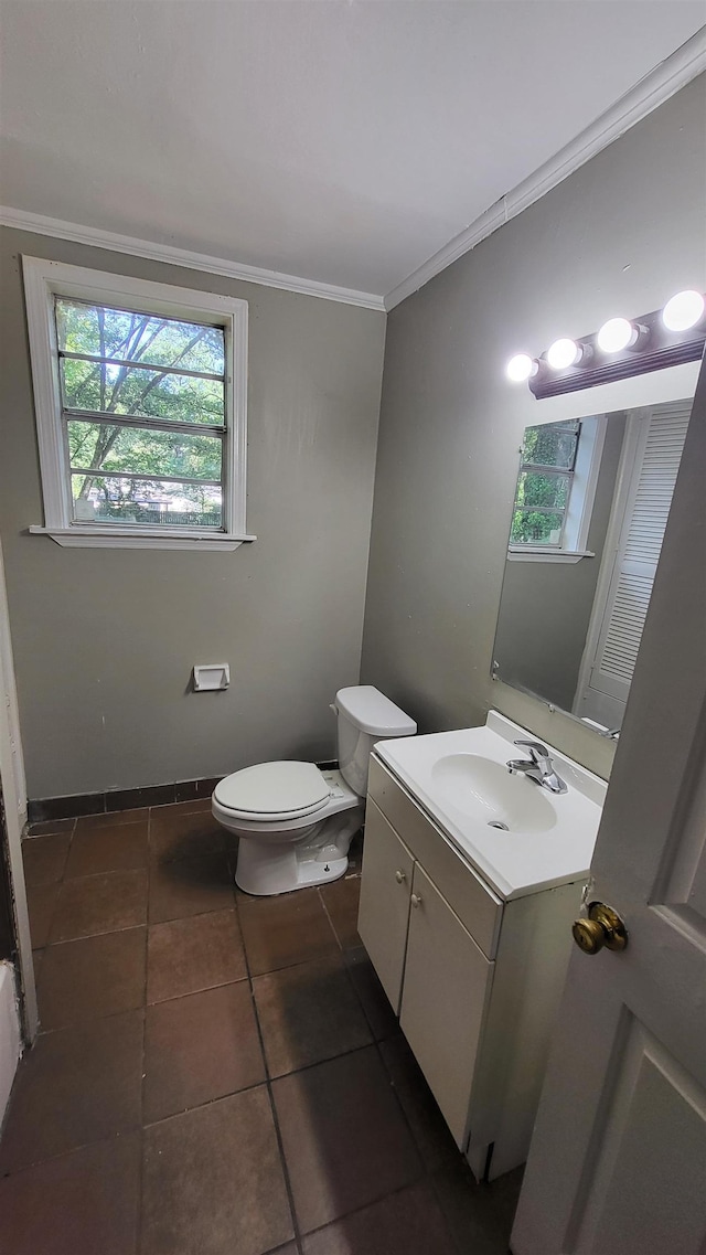 bathroom with a wealth of natural light, vanity, and ornamental molding