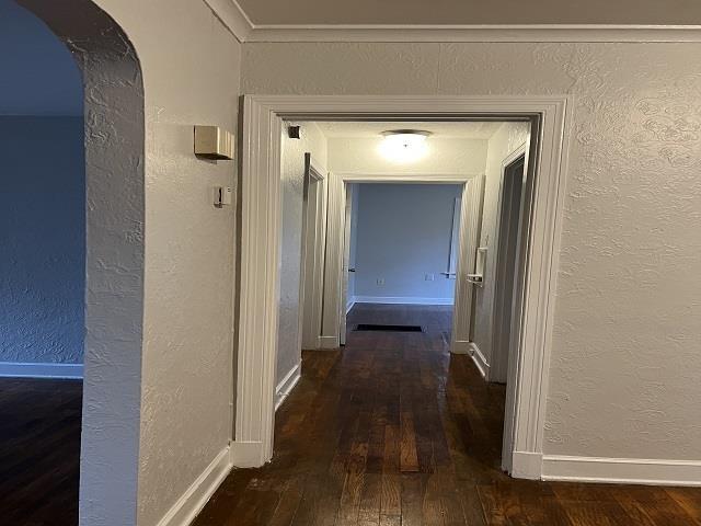 hall with dark hardwood / wood-style floors and ornamental molding